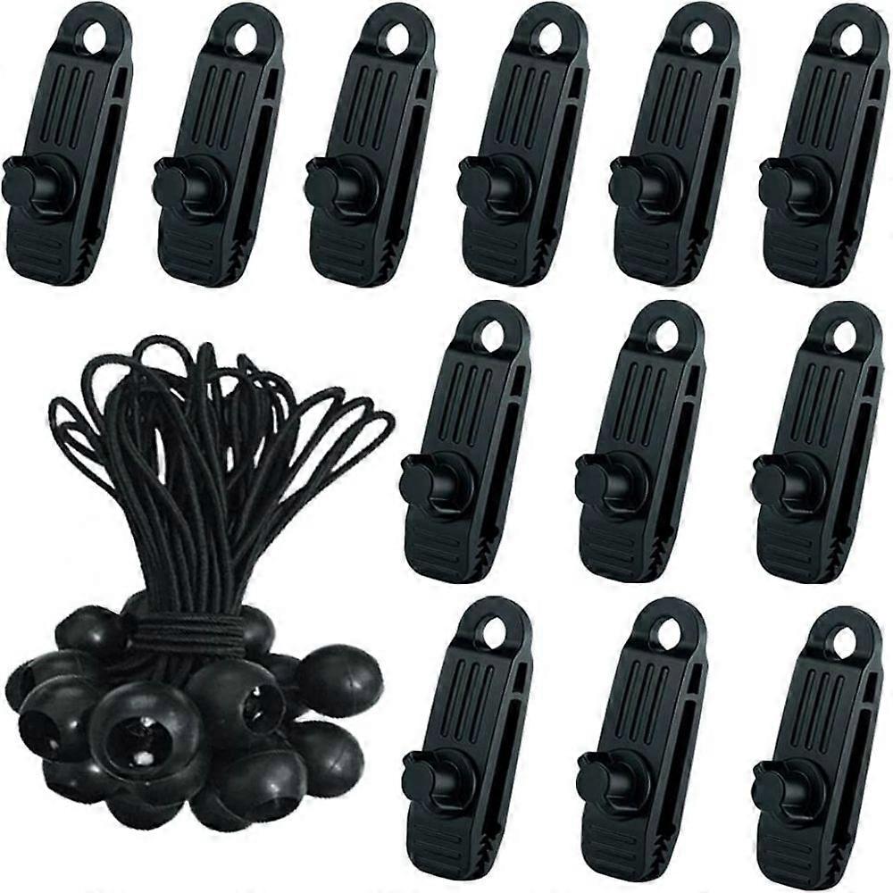 24 Piece Tarp Clips Set, 12 x Multifunctional Crocodile Mouth Tarpaulin Clips with Tightening Locking Handle Screw, 12 x Tarpaulin Tensioners with Bal