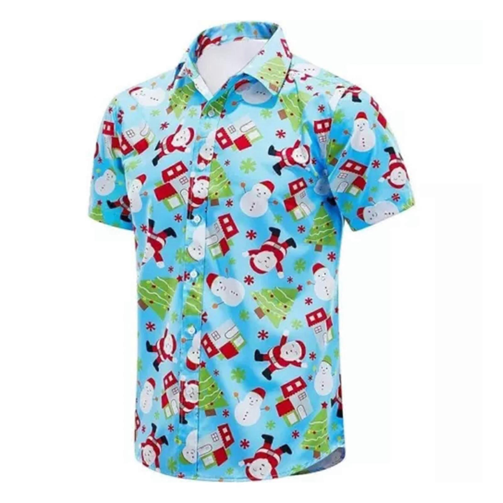 Men Printed Button Up Shirt Fun Santa Party Loose Shirts Fashion Breathable Vacation Top for Beach Party