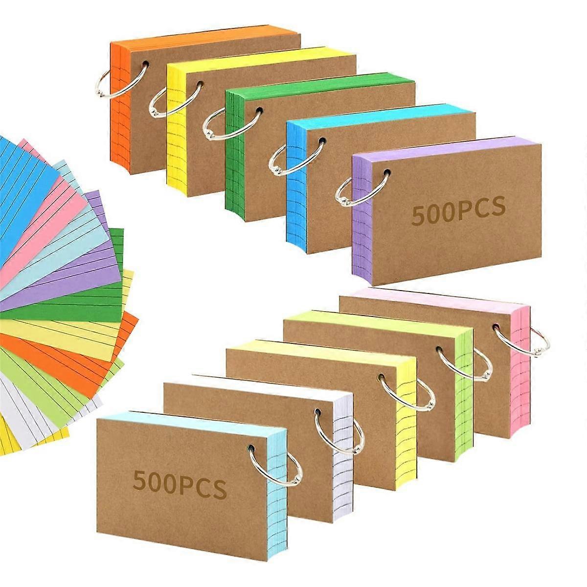 1000 stuks Index Cards 3X5 Inch Gekleurde Flash Cards met Ring, Punched Lined Ruled Index Cards Notecards