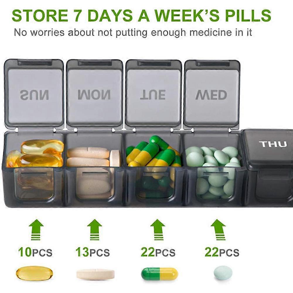 Weekly (7 Days) Pill Box, Vitamin Box and Pill Box, Split Pill Box, Middle Compartment, Black