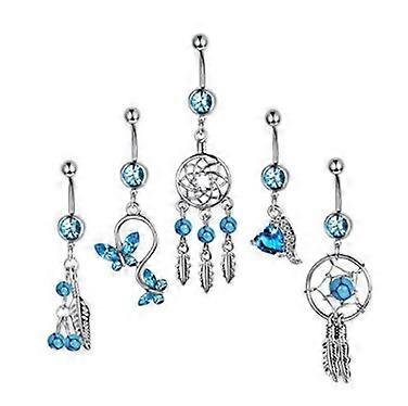 (Blue 5pcs) Stainless Steel Navel Piercing Belly Button Belly Button Rings Body Jewelry for Women