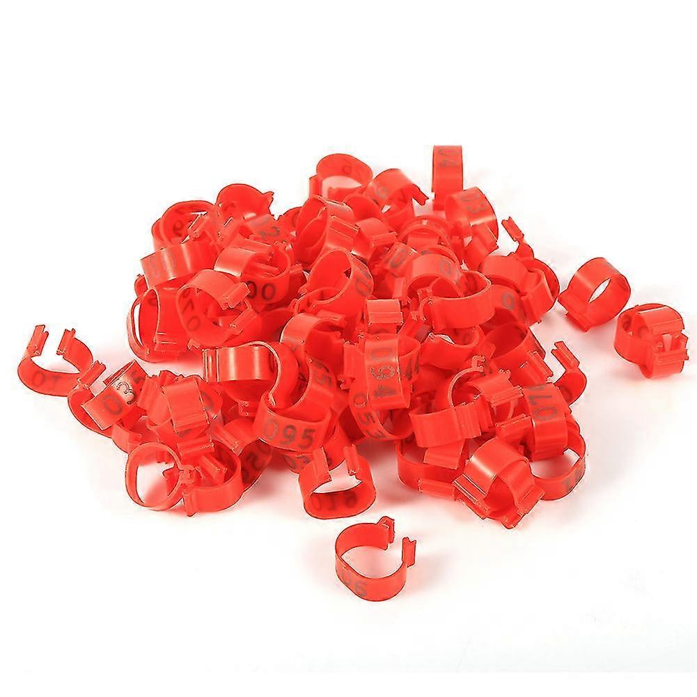 100PCS Red Numbered 16MM Plastic Poultry Leg Bands Rings