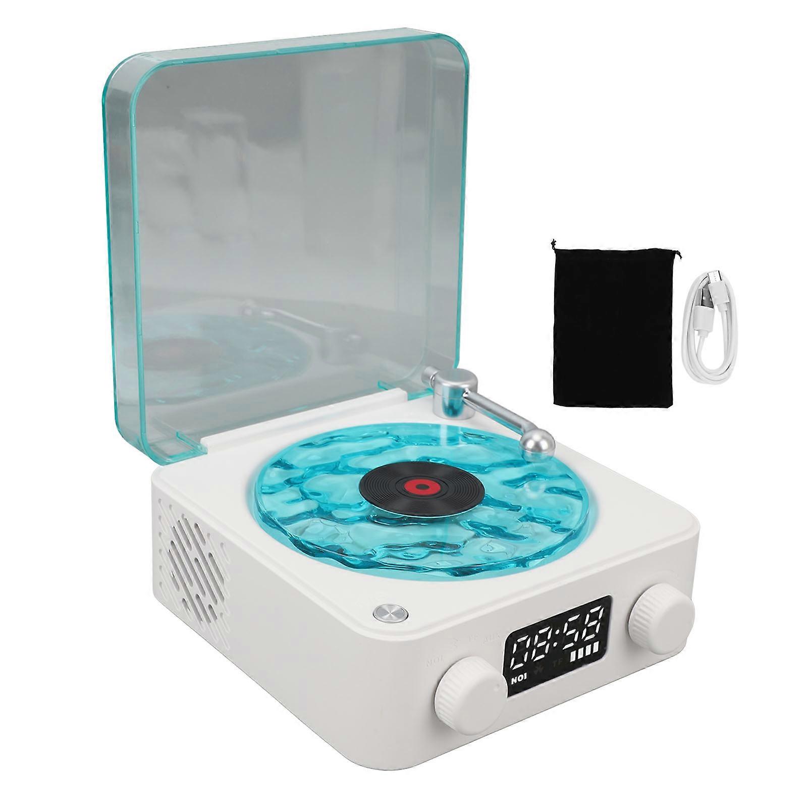 Vintage Record Player Bluetooth Speaker 4 Modes Portable Wireless Turntable Stereo Speaker with Clock and Soft Night Light for Home Bedroom White
