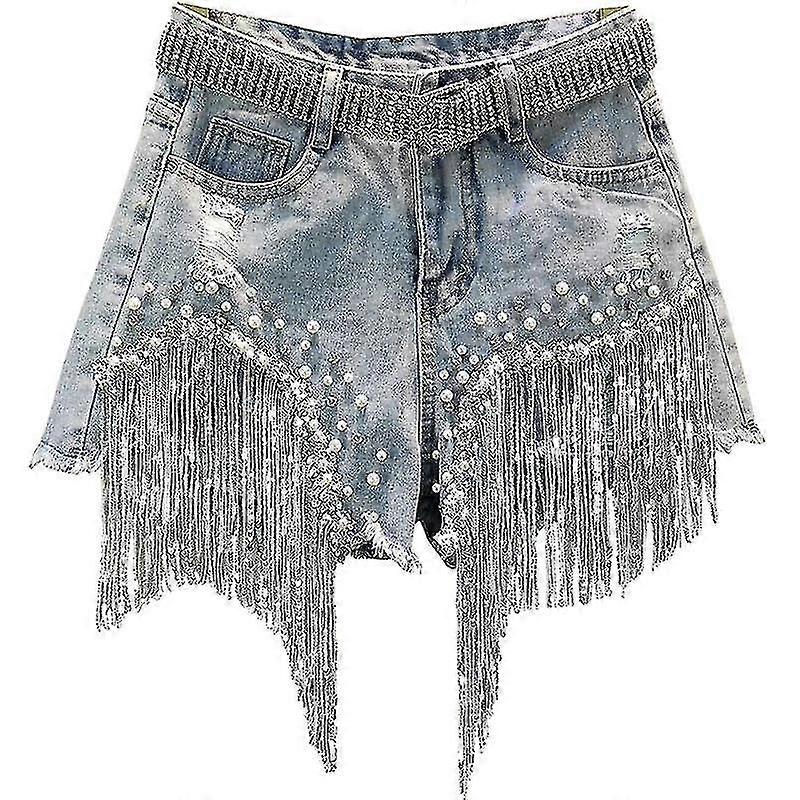 Elegant Shorts Lady Tassel Beading High Waist Wide Leg Denim Shorts