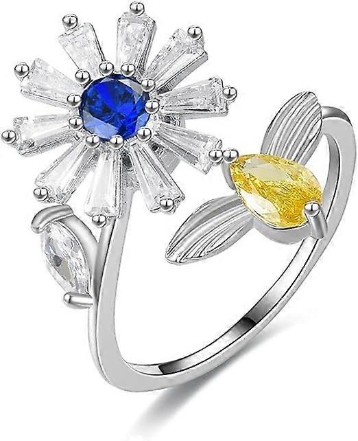 (Daisy Bee + Crystal) Luxurious Temperament Rotating Movable Mouth Ring - Anxiety Relief Ring - Rotating Decompression Ring