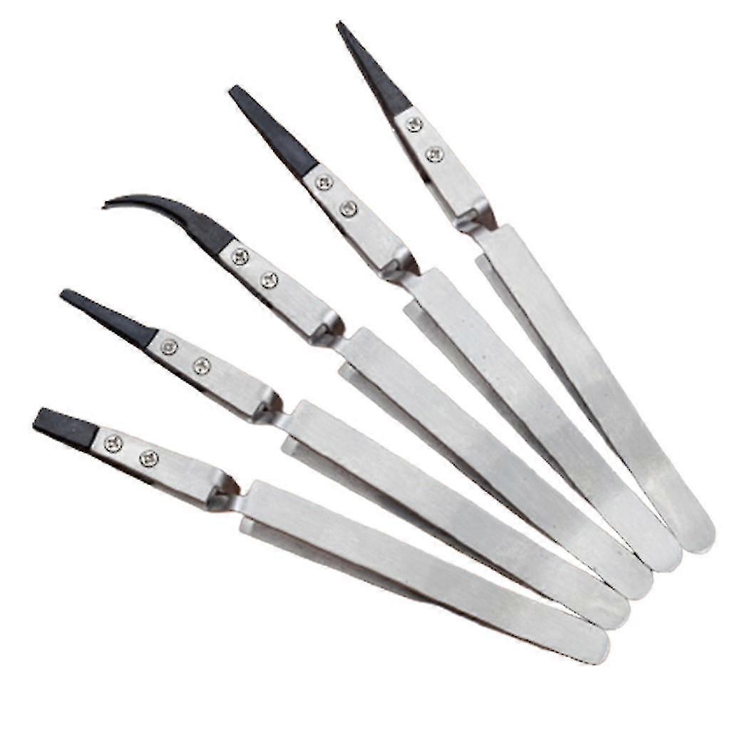 5pcs Esd Precision Tweezers Set Maintenance Repair Tool, Silver