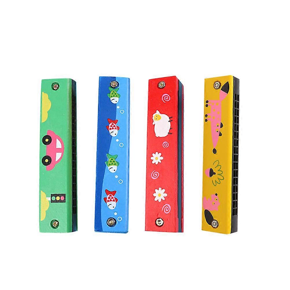 4pcs Wooden Harmonica Toys 16 Holes Double Row Educational Musical Instruments for Kid (Random Pattern)