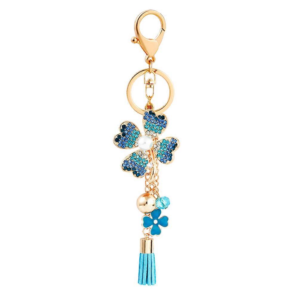 Rhinestone Four Leaf Clover Tassel Keychain Pendant Gift Key Ring Key endant Blue