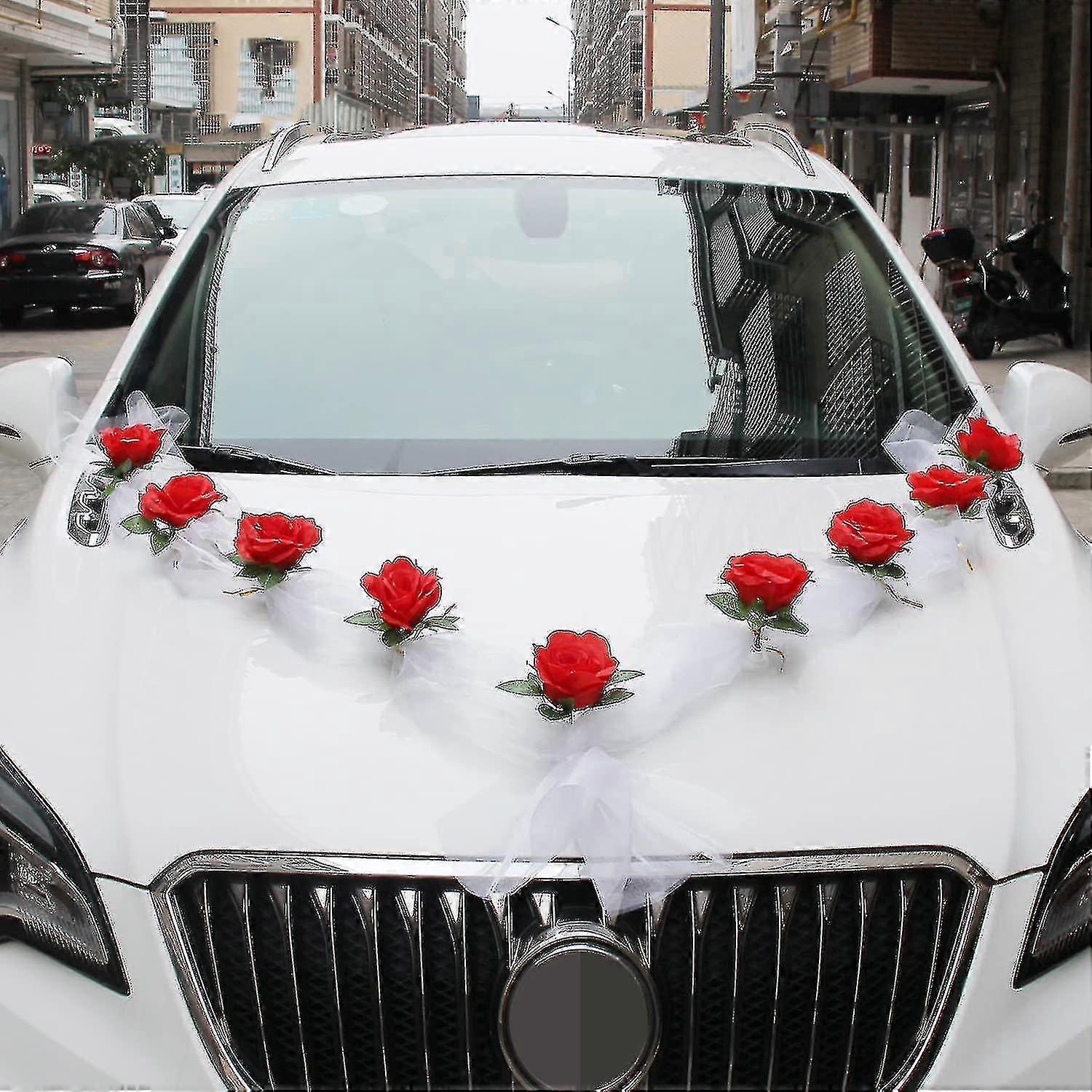 Hochzeitsauto Blumenteller Band Schleifen Set für alle Automodelle - weiß und rot