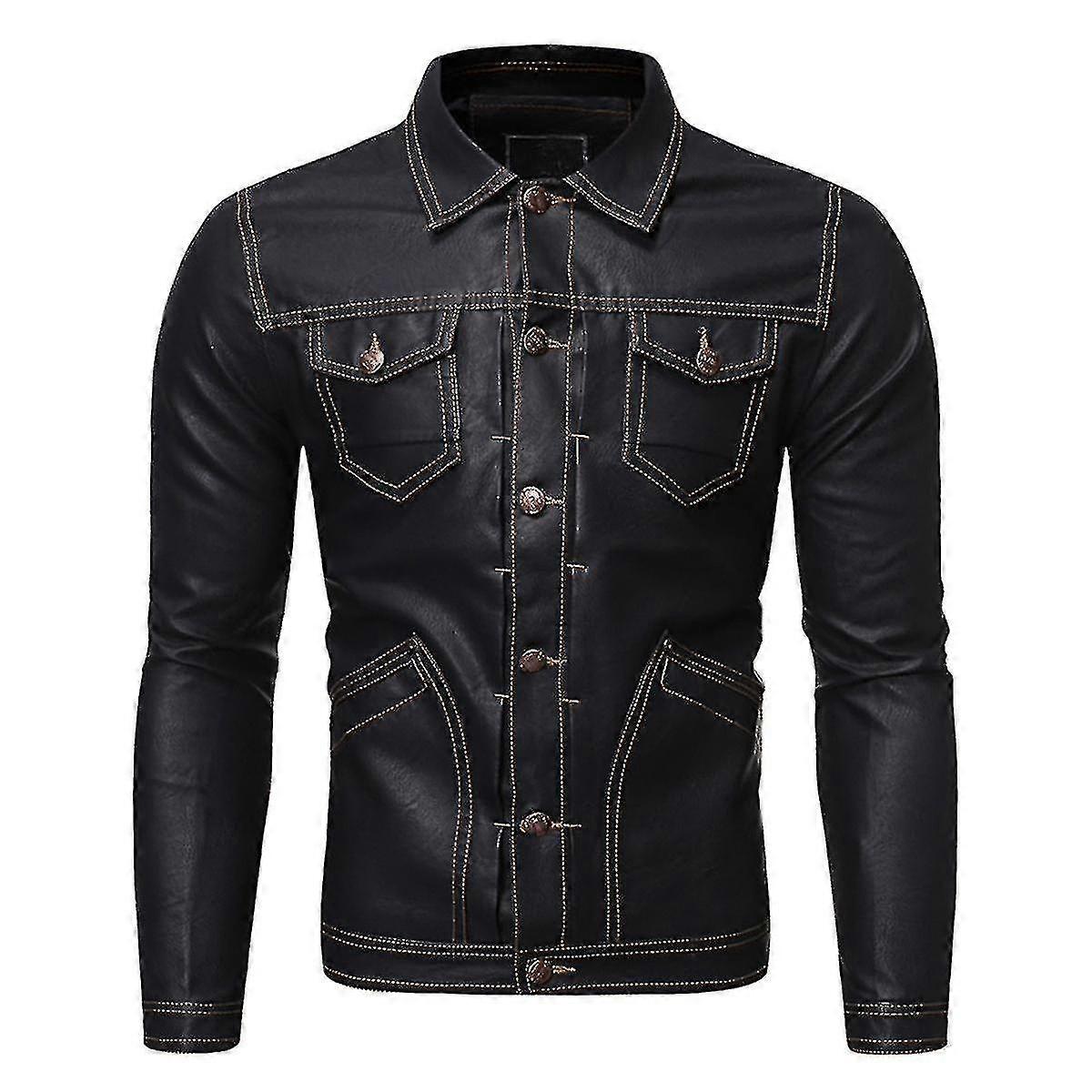 Mens Solid Color Casual Lapel Motorcycle Leather Jacket