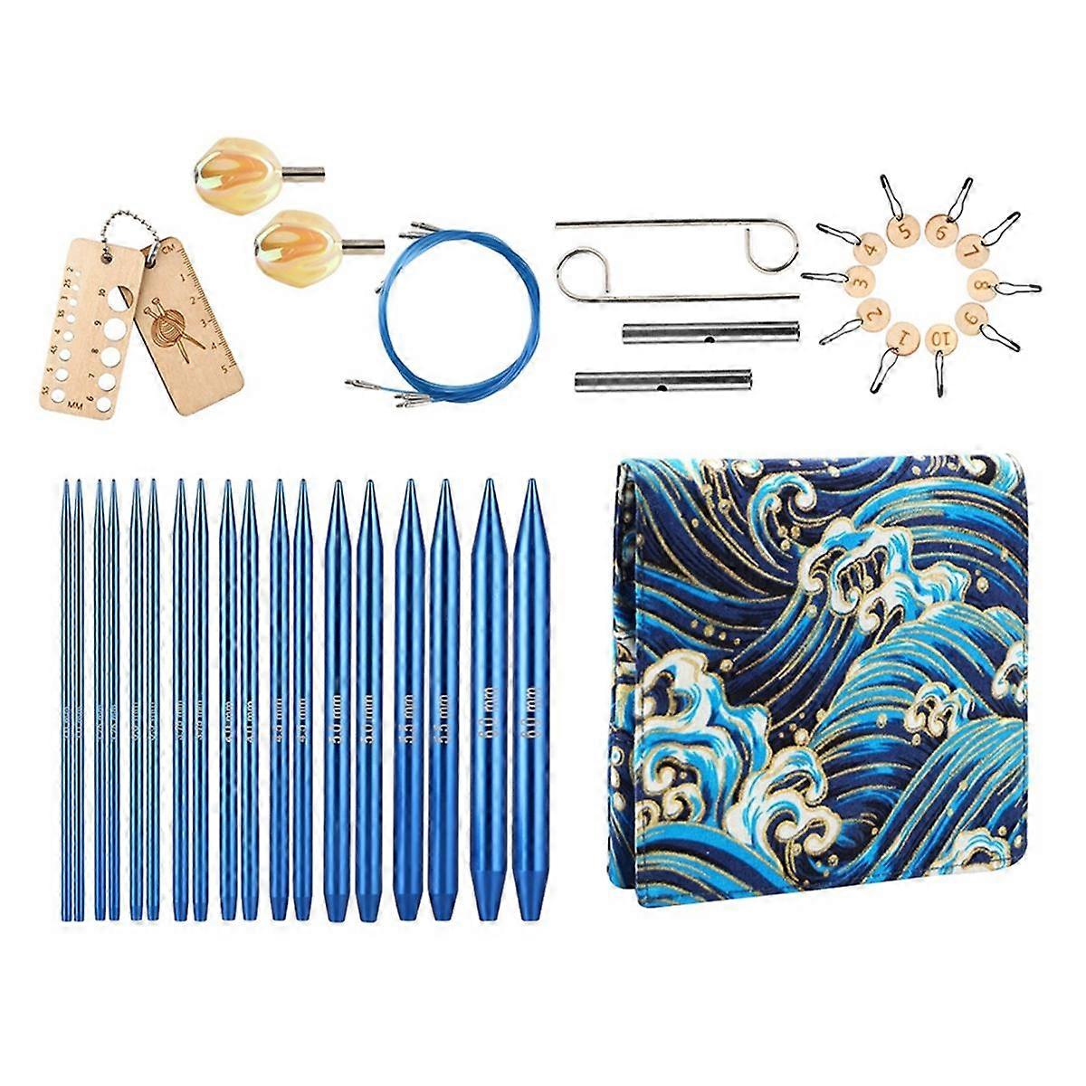 18PCS Interchangeable Crochet Needles Set Aluminum Circle Knitting Needles Blue Color Bag with Sewi