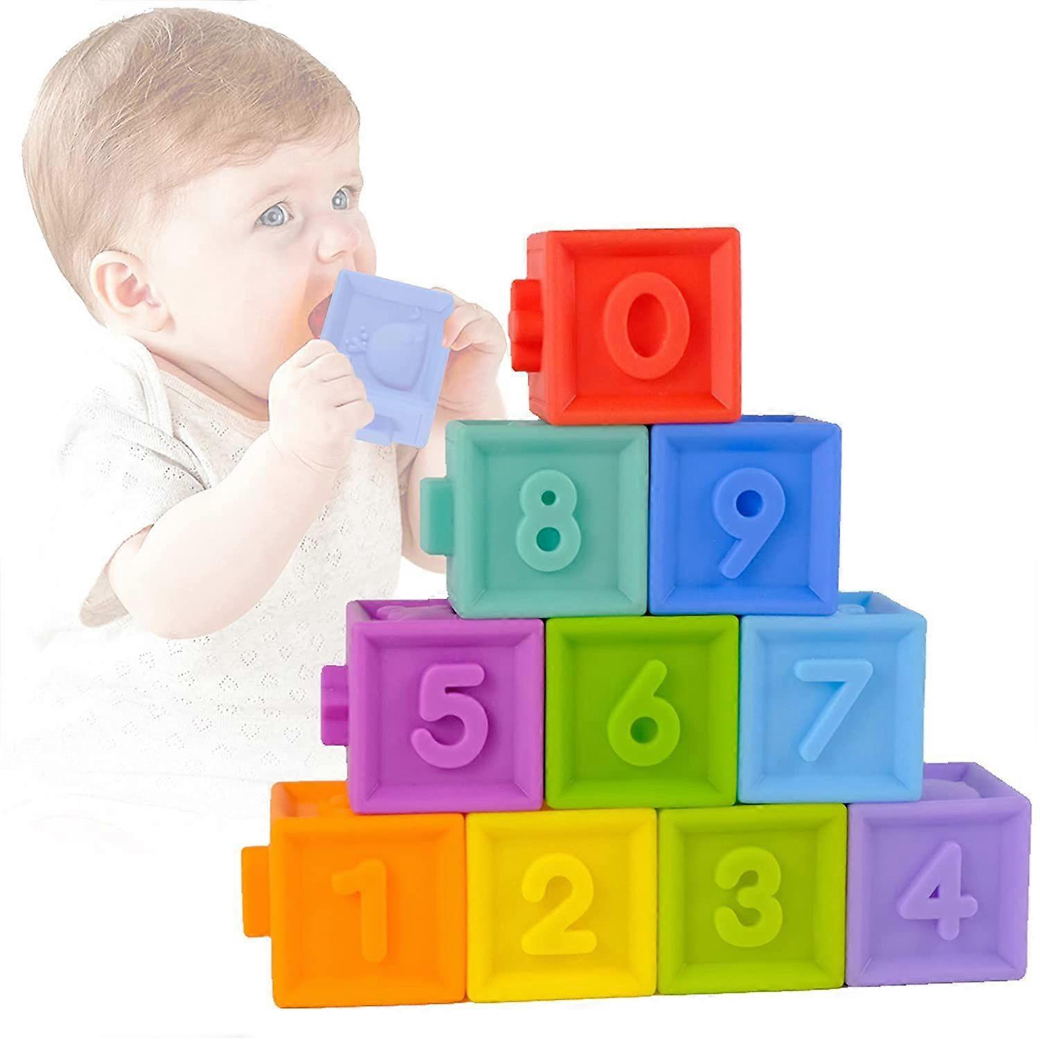 10 Pack Baby Blocks, Stacking Toys for Babies 6-12 Months, Developmental Teethers with Numbers, Animals, Shapes.