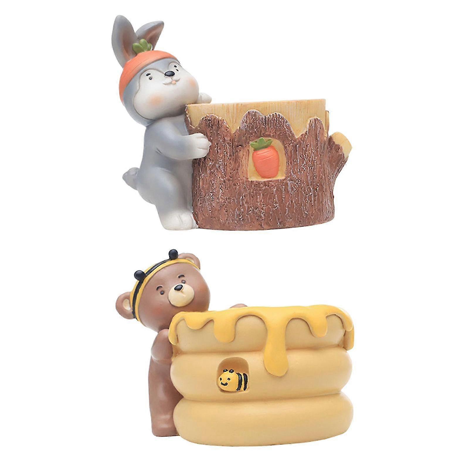 Home Decor, Adorable Animal - Themed Resin Decorative Holders, One with Bunny and Tree - Stump Design, Another with Bear and Beehive Design