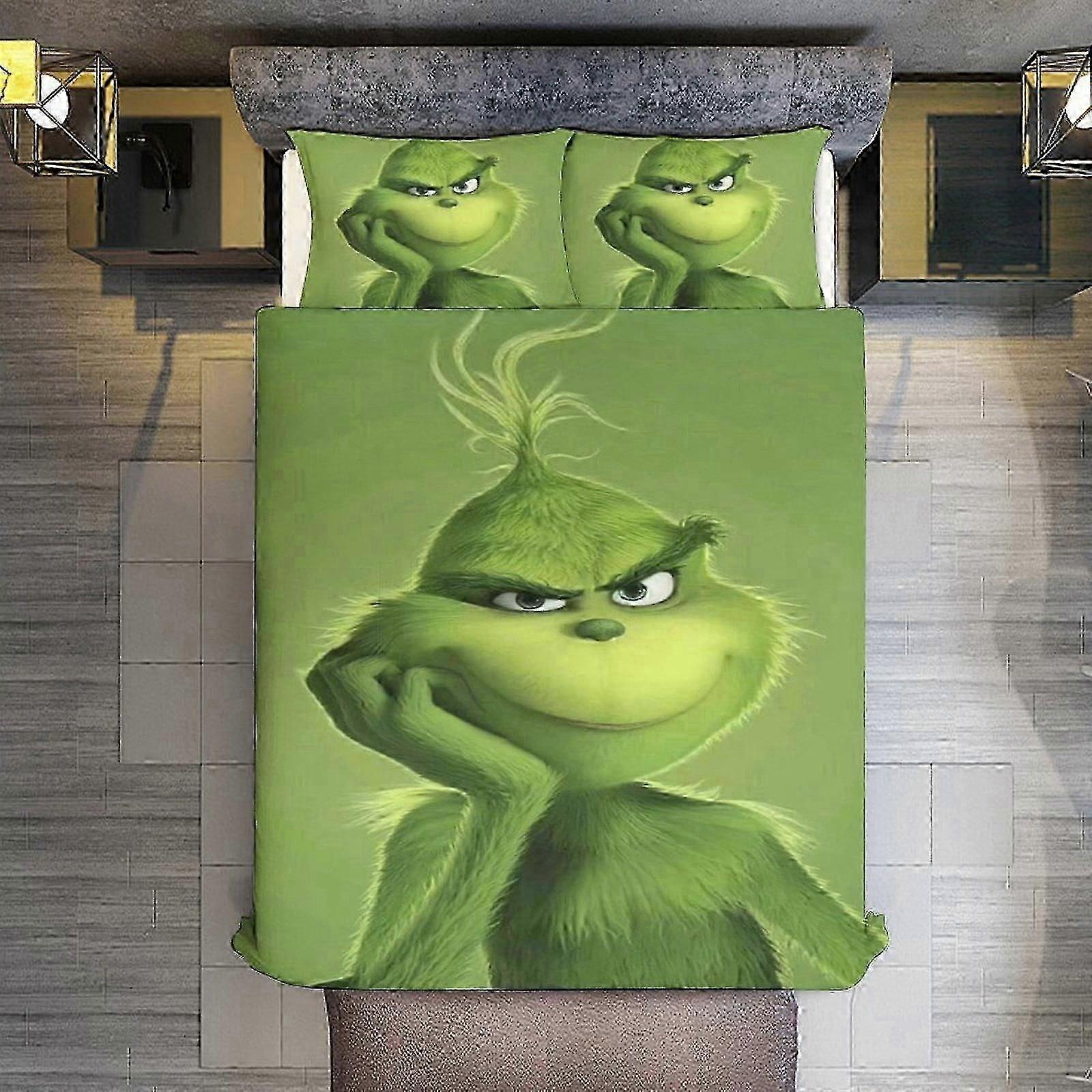 n249 Lençóis Verde Grinch Conjunto com Fronhas para Todas as Estações, Conjunto de Cama3s Decoração do Quarto Cama ee (1 Capa de Edredão e 2 Fronhas) Lençóis ii
