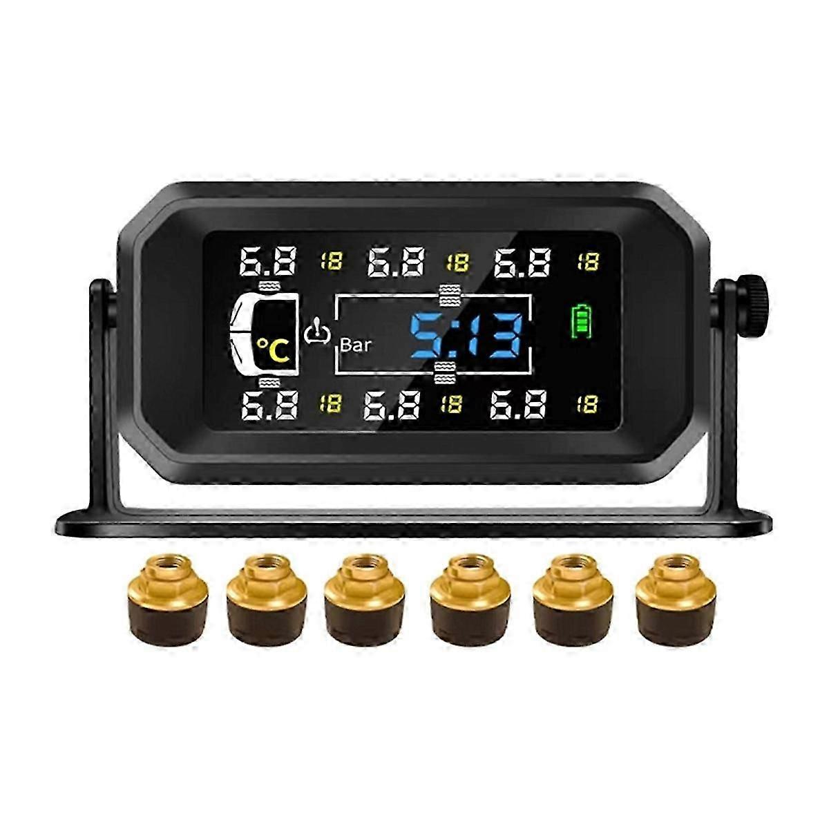 Car RV Truck TPMS 6 Wheels Sensor Solar Tire Pressure Monitoring System Temperature Clock Air Pressure Display Alarm B