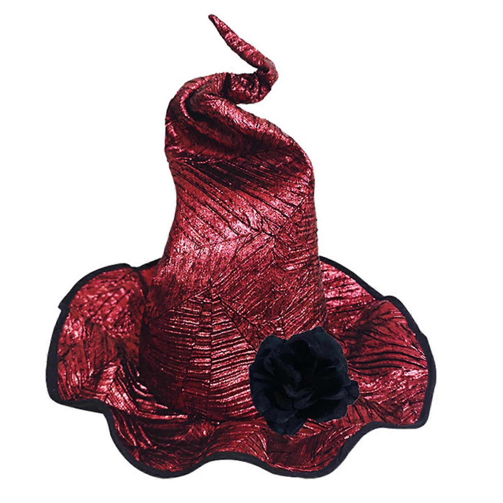 Classical Witch Costume Hat Twisted Wizard Hat with Wrist Flower For Halloween Enthusiasts And Role Playing Event Red
