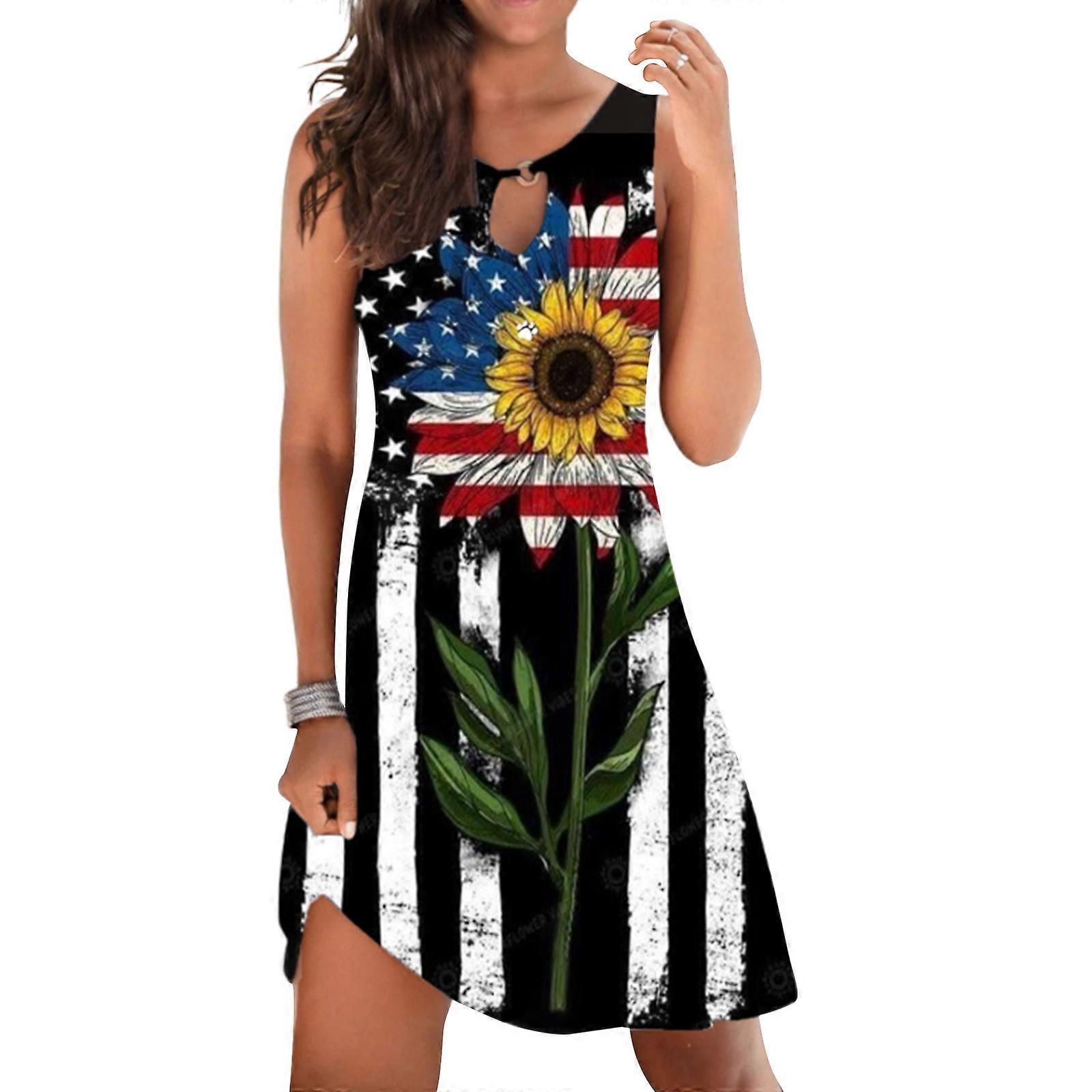 Femmes Sans Manches Lâche Midi Robe Jour de l’Indépendance Imprimé Robe Trapèze Col Rond Casual Robe D’été XL