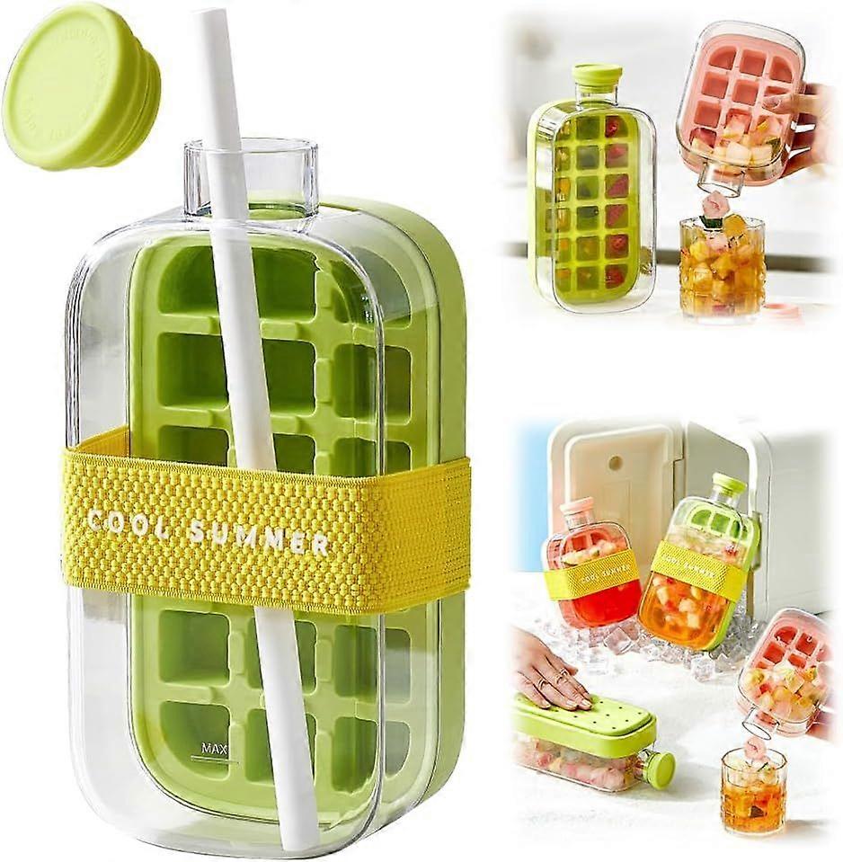 Ice Cube Bottle, 2 in 1 Touch-Free Ice Cube Tray Water Bottle with Lid and Bin, Ice Cube Making Bottle, Easy Ice Release for Freezer, Perfect, For Cof