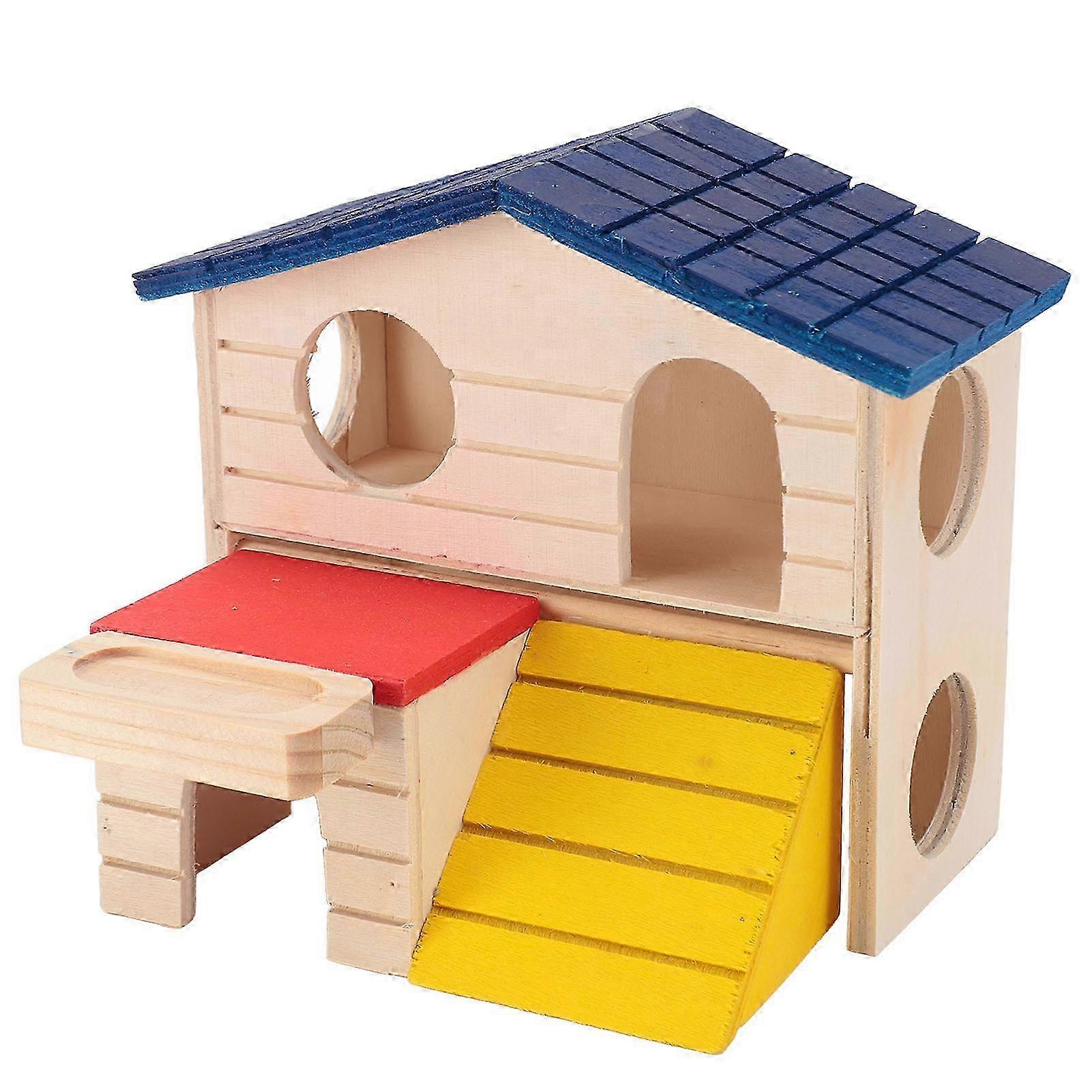 Double Decker Hamster Wood House with Slide & Climbing Toys for Tiny Animals