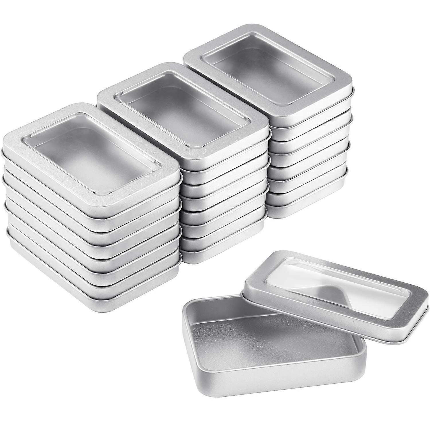 Metal Tin Box with Lid - Rectangle Empty Storage Tins Case with Large Clear Window for Candles, Gifts, Balms, Silver (24 Pack)