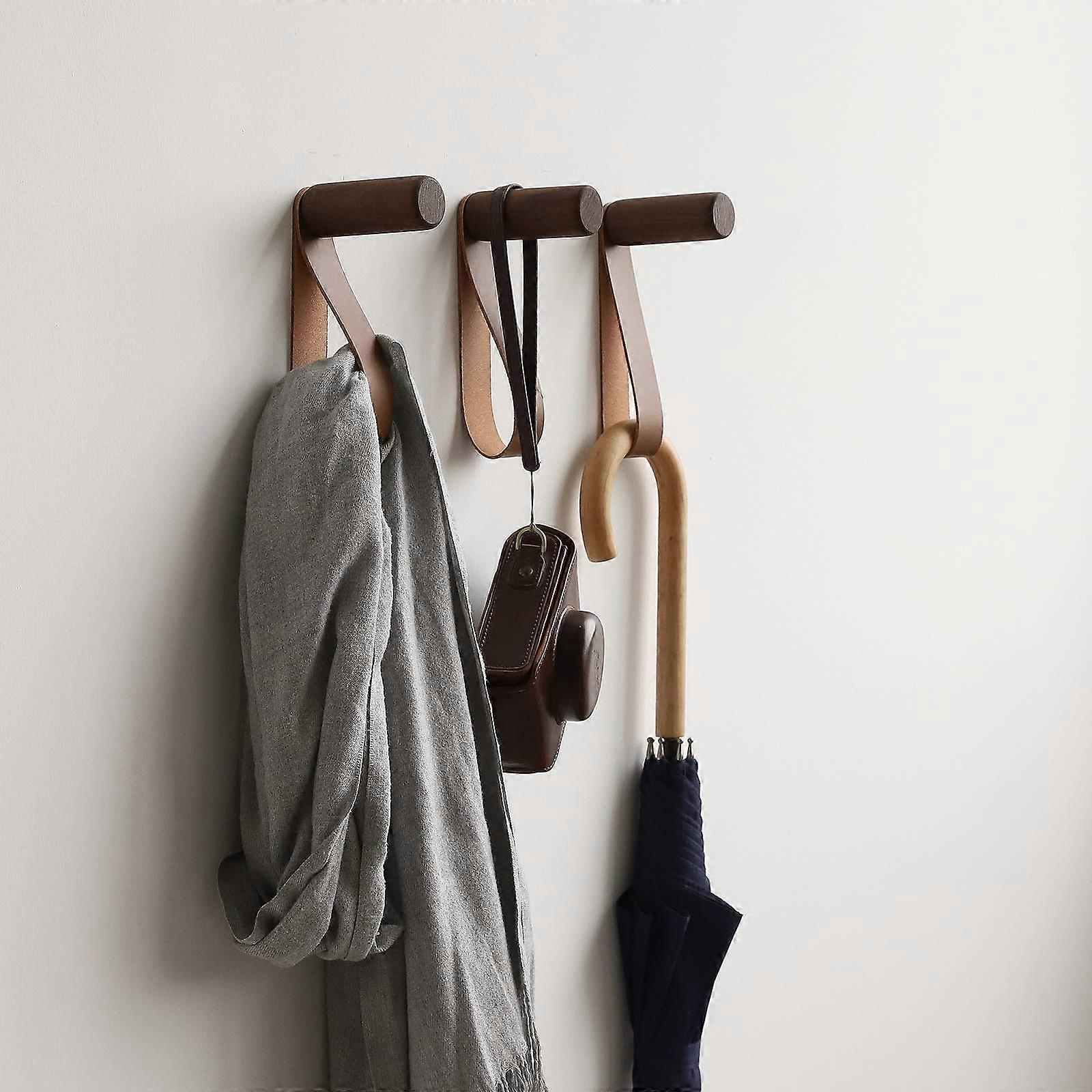 Wooden Hooks with Leather Wall Mounted Single Hangers Walnut Finish Handmade Coat Hooks Set Of 3