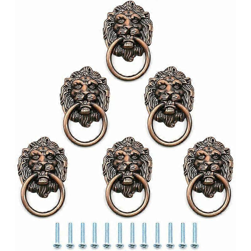 6PCS Antique Bronze Lion Drawer Pulls, Vintage Knobs with Rings