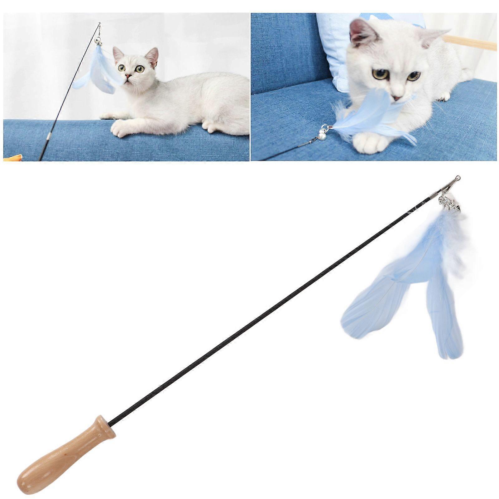 SSRGV Funny Cat Stick Retractable Feather Bell Funny Cat Stick with Wooden Pole for Indoor CatsBlue