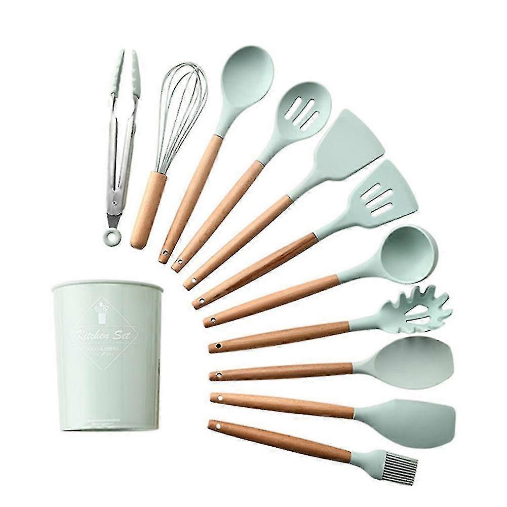 Durable and Practical Heat Resistant Silicone Kitchenware Tool Sets with Wooden Handle in Light Green - Suitable for Various Brands