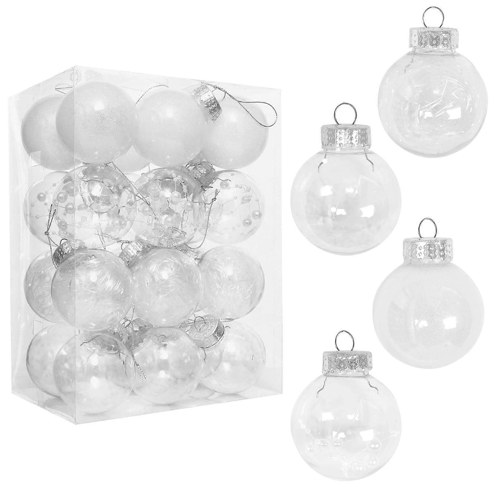 24Piece White Christmas Tree Baubles Set, 6 cm, Plastic Ornaments with Sequ