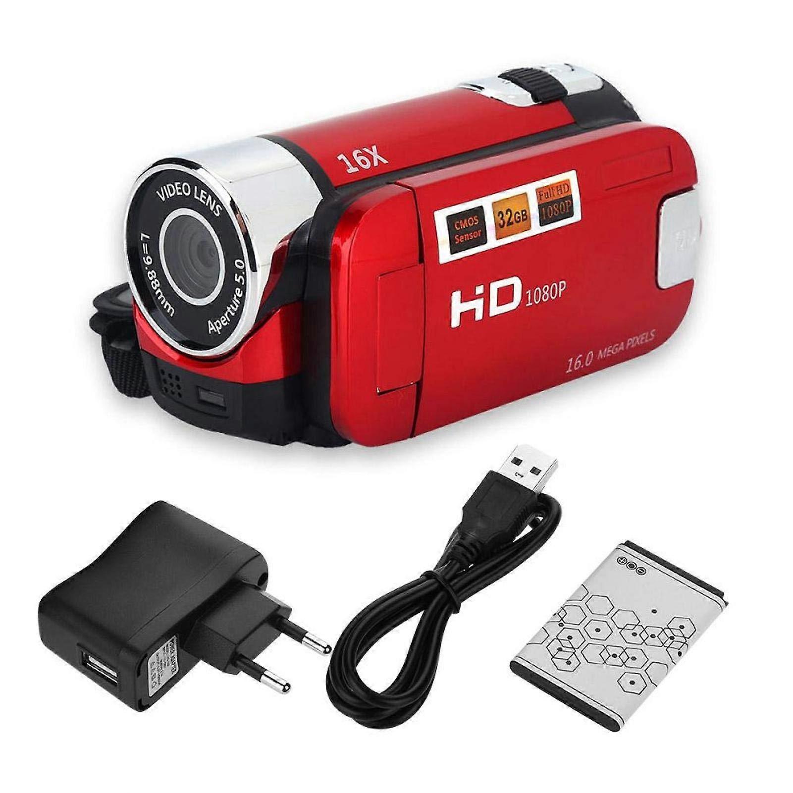 HD Digital Video Camera Vlog Camera Recorder Portable 1080P 16MP 2.7' LCD Display 270 Degree Rotation DV Camcorder with Digital Zoom 16X (EU Red)