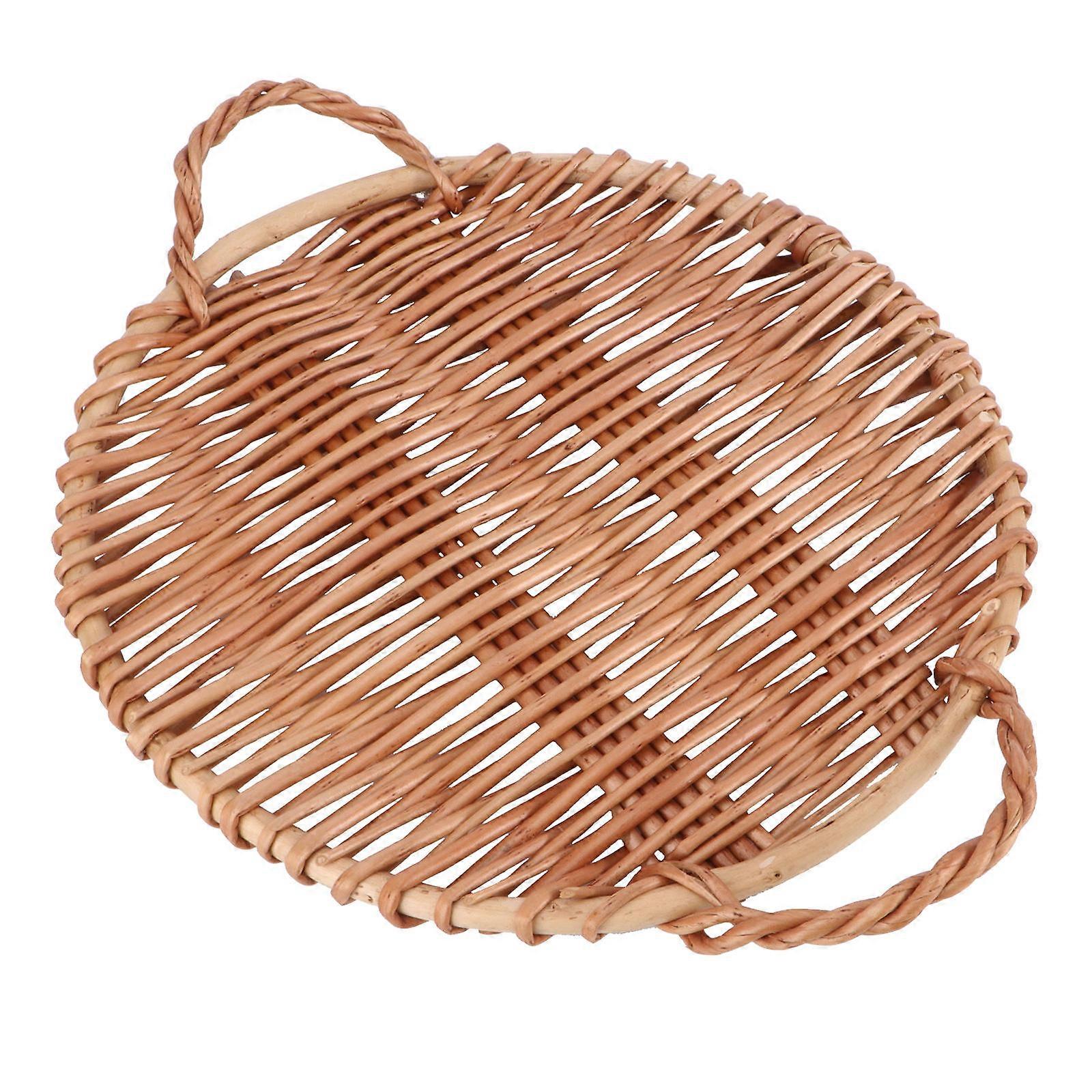 Creative Round Serving Tray Handcrafted Willow Snack Plate for Home Decor Desserts Fruits Bread Storage Elegant Brown Finish Versatile Woven Design