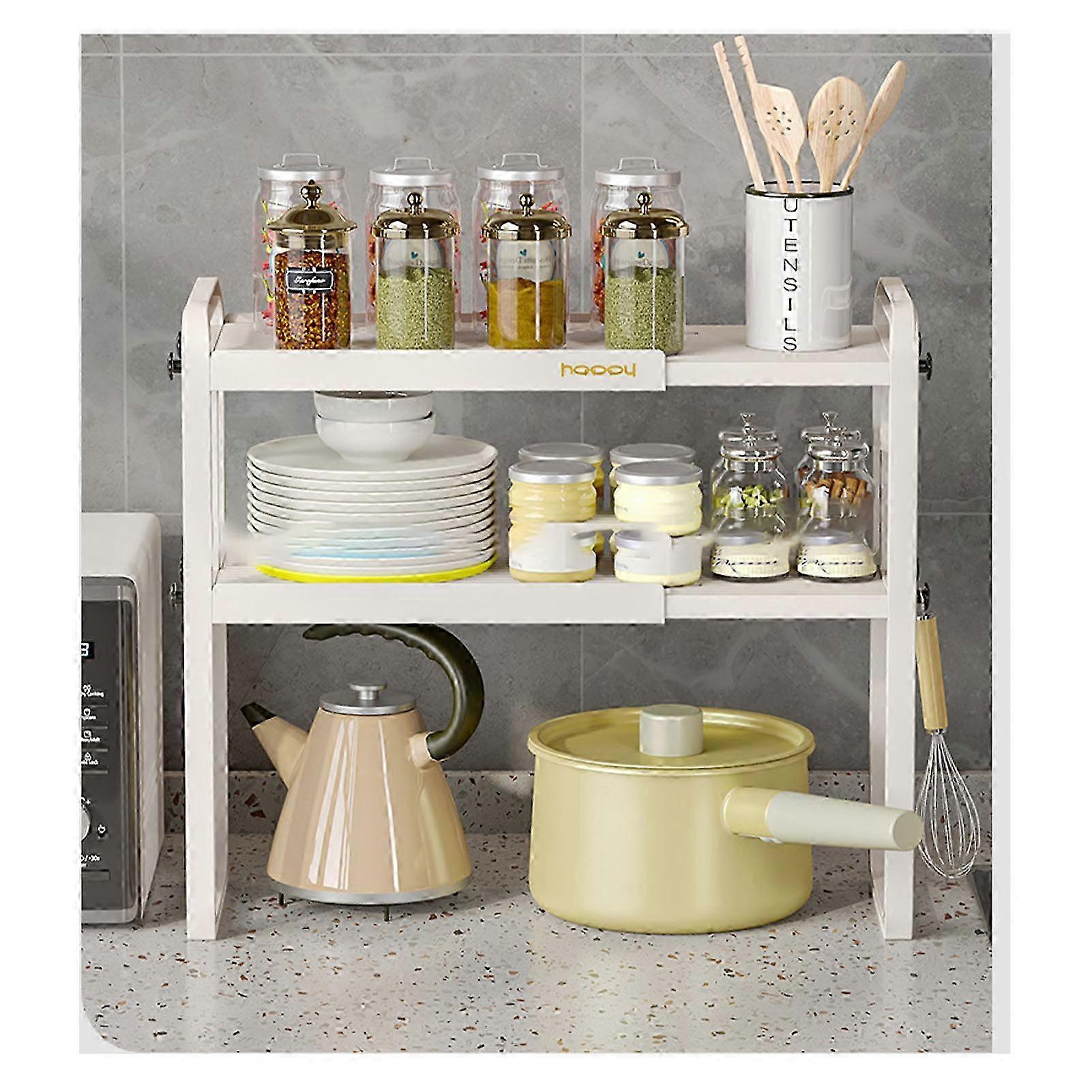 Tabletop Kitchen Storage Rack White Plastic Double Layers Telescopic Kitchen Shelf Organizer For Home Stove Basin 8512 2
