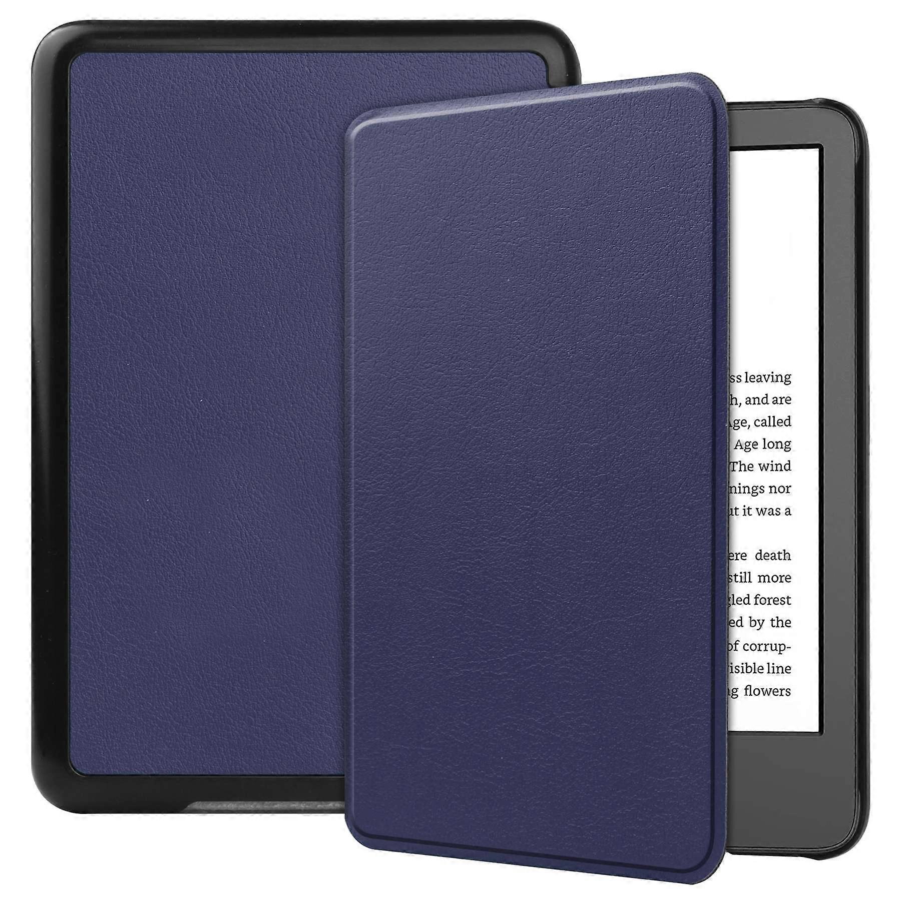 For Amazon Kindle 6" (2022) Solid Color PU Leather Cover Auto Sleep Wake Anti-Scratch E-Reader Case Dark Blue