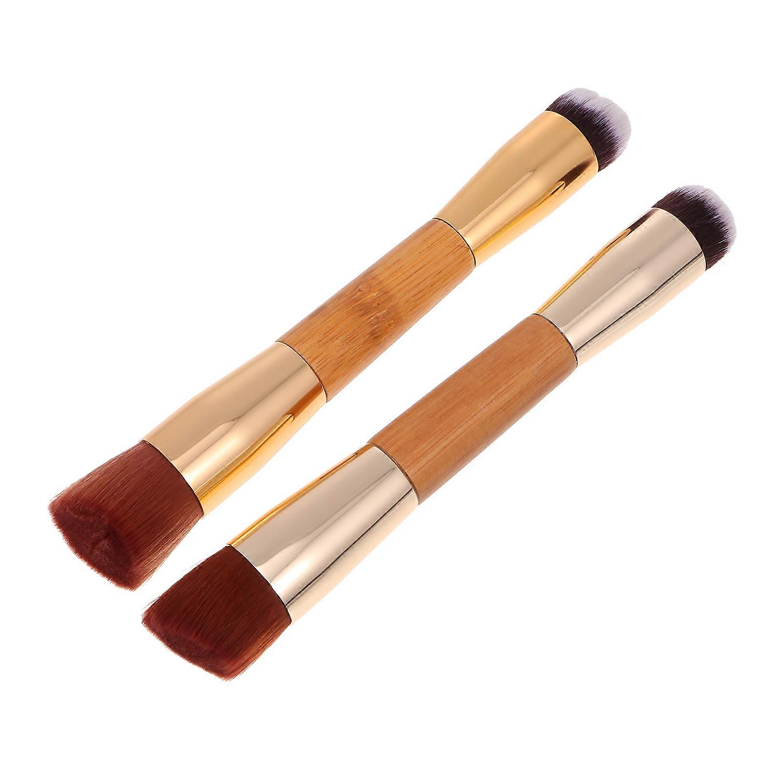 Double Ended Cosmetics Brush for Makeup Use with Synthetic Material Golden 2Pcs