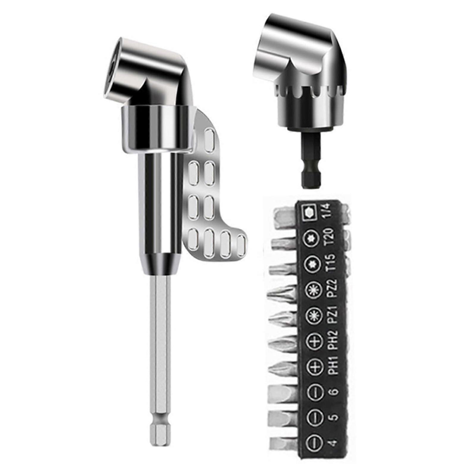 Rightangle drill machine with multifunctional bending screwdriver bit, 105° flexible screwdriver extension, and offset screwdriver tool