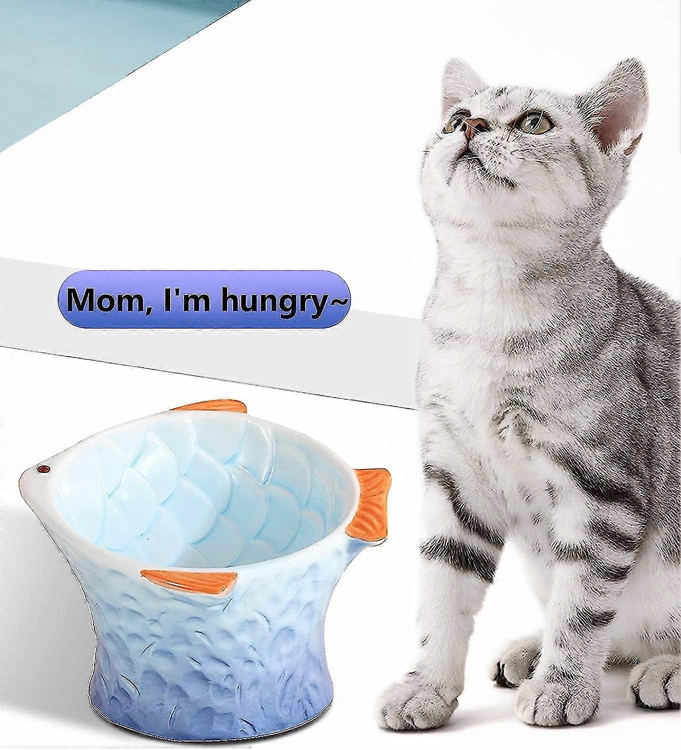 Raised Tilted Ceramic Cat Bowl - Cute Elevated Slanted Shallow Angled Cat Dish