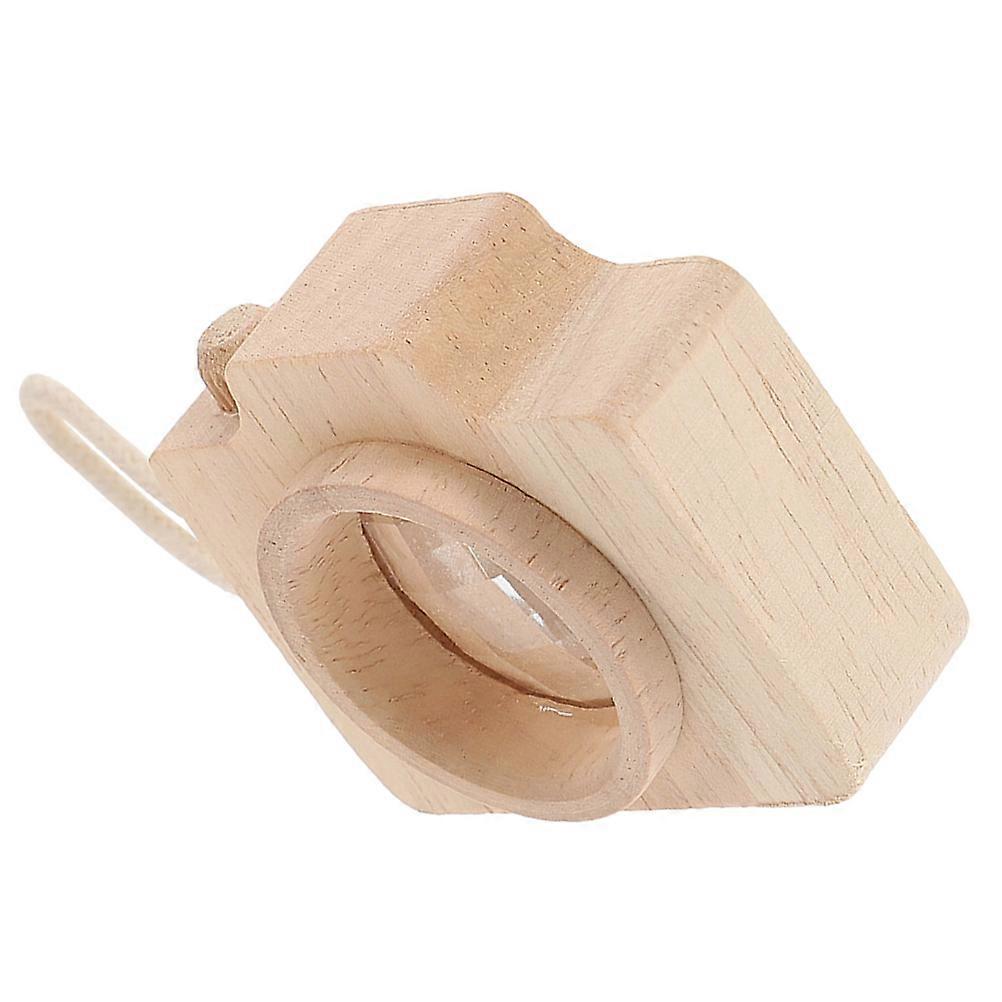 Brinquedo caleidoscópio de madeira com design de corda de mão e formato de câmera para crianças brincando cáqui 3,5 polegadas