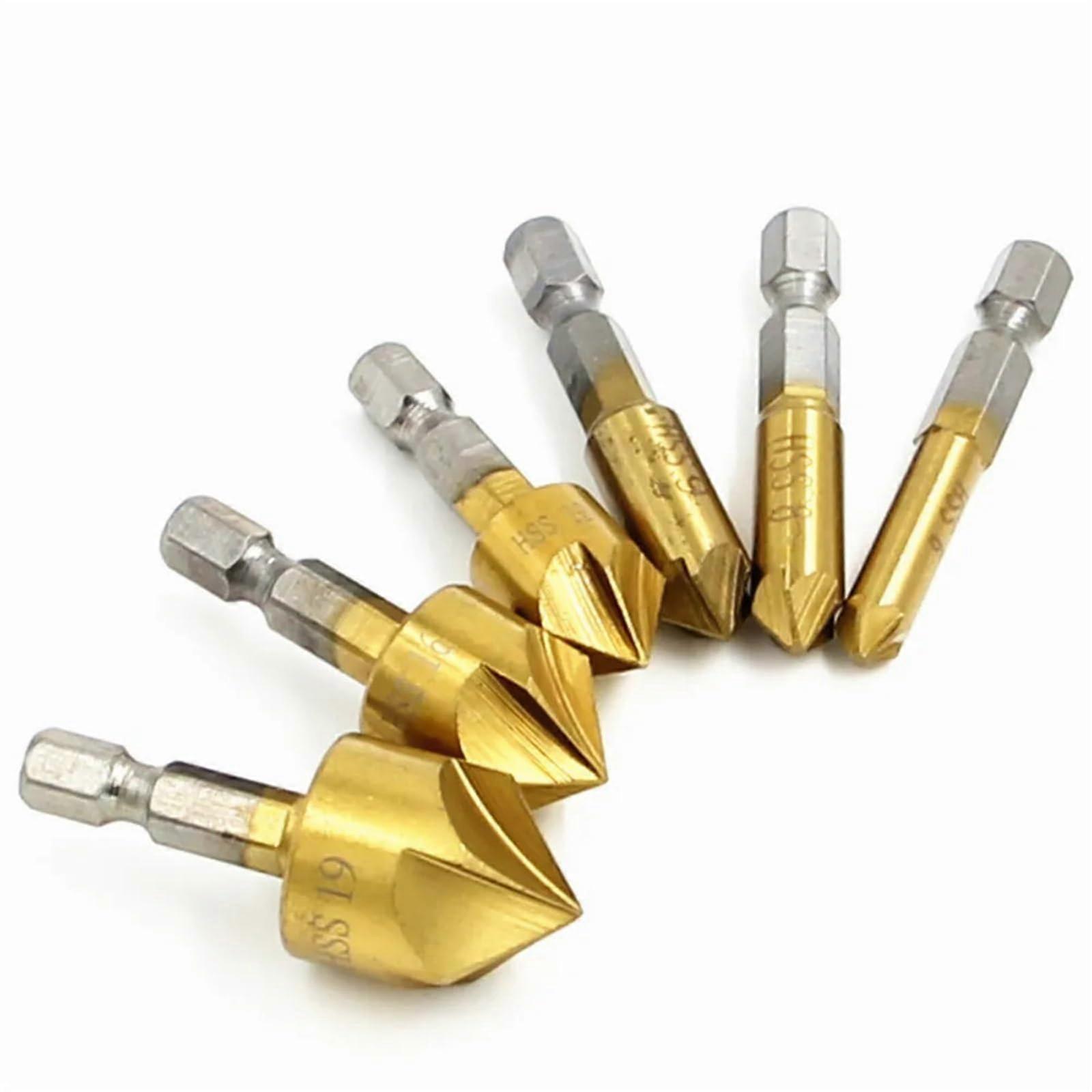 6Pcs Countersink Drill Bit Set 1/4 Inch Hex Shank HSS 5 Flute Countersink 90 Degree Wood Chamfer Cutter Chamfer 6-19mm