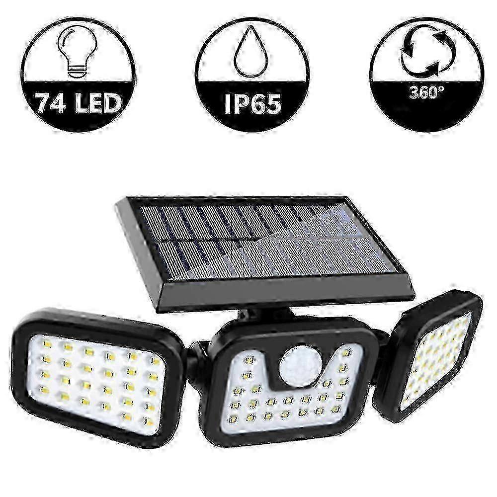 Adjustable 3 Head Motion Sensor Solar Security Lights, 74 LED Outdoor Flood Lights