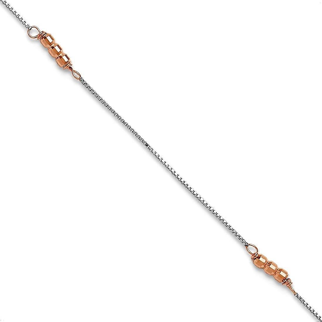 14K Two Tone Polished Adjustable Spring-Ring Gold Mirror Beaded Anklet 9 Inch-Anklet for Women