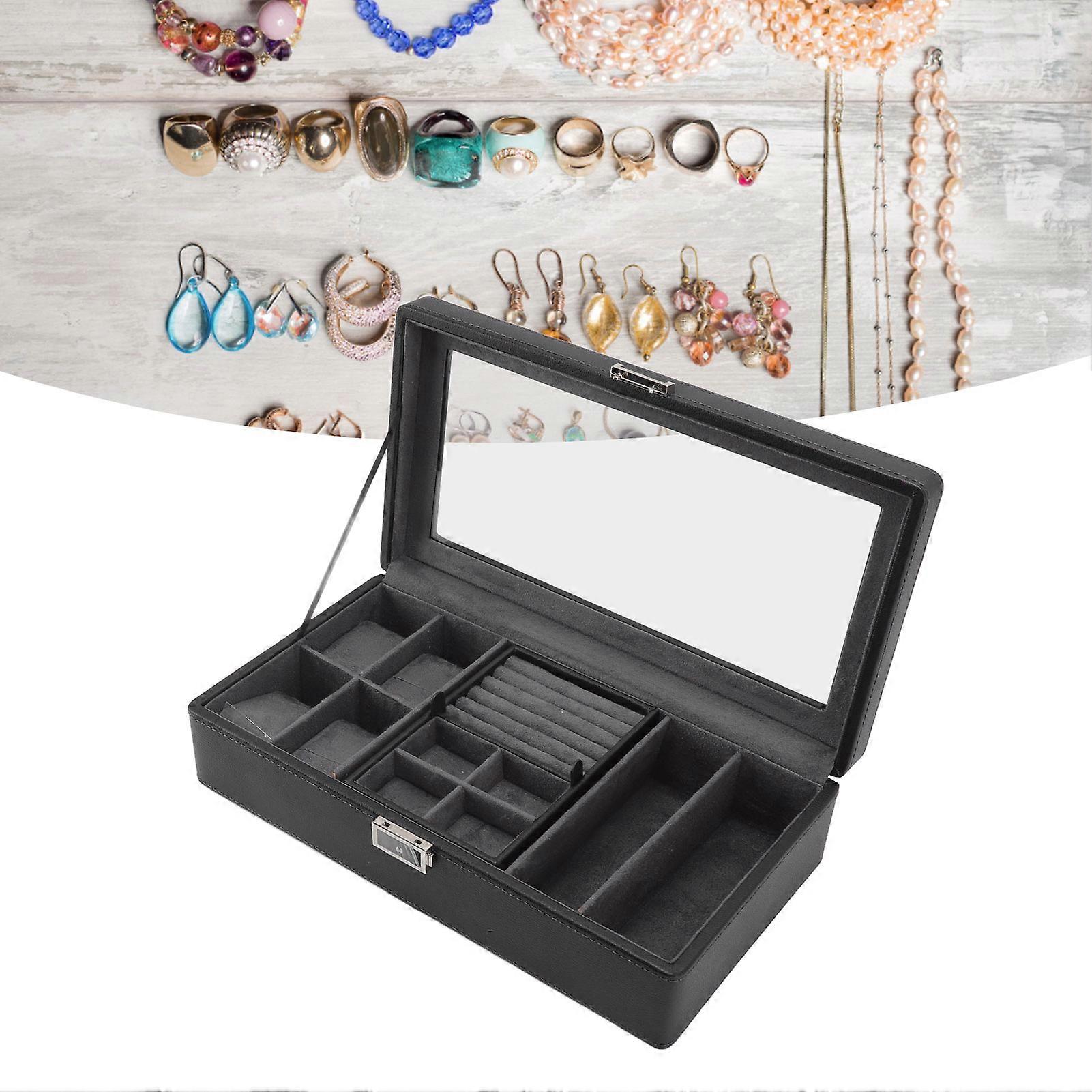 Lockable Watch Display Case 14x7.5x3.5in Black PU Leather