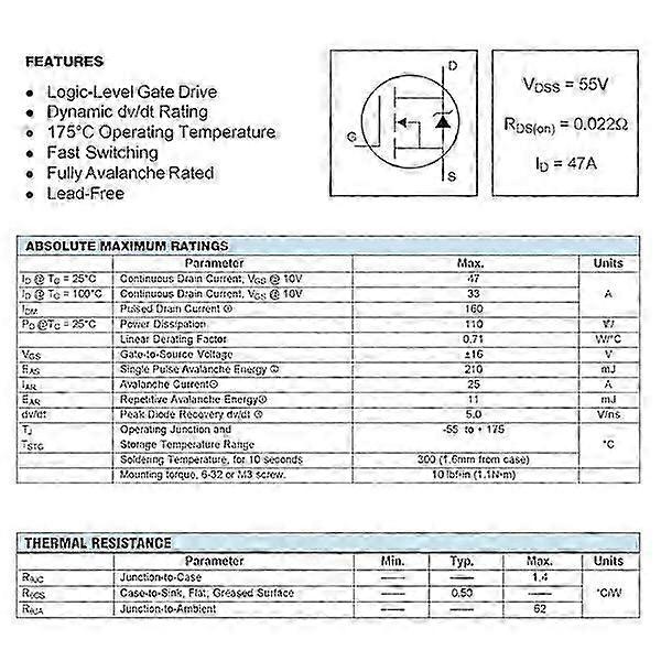 10 Pcs Irlz44n Irlz44 Irlz44npbf N-channel Mosfet 47a 55v 47 Ampere 55 Volt Power Mosfet