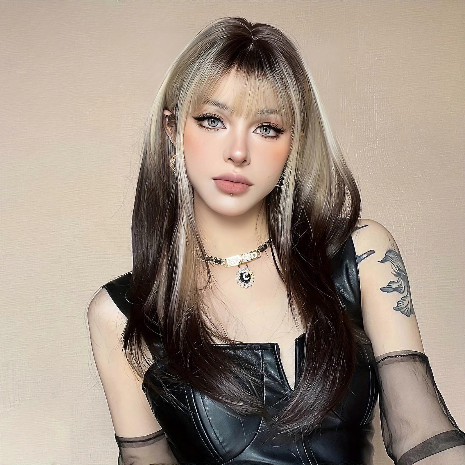 22" Gradient Red Brown Straight Synthetic Wig with Bangs - Natural-Looking & Easy to Style for Any Occasion