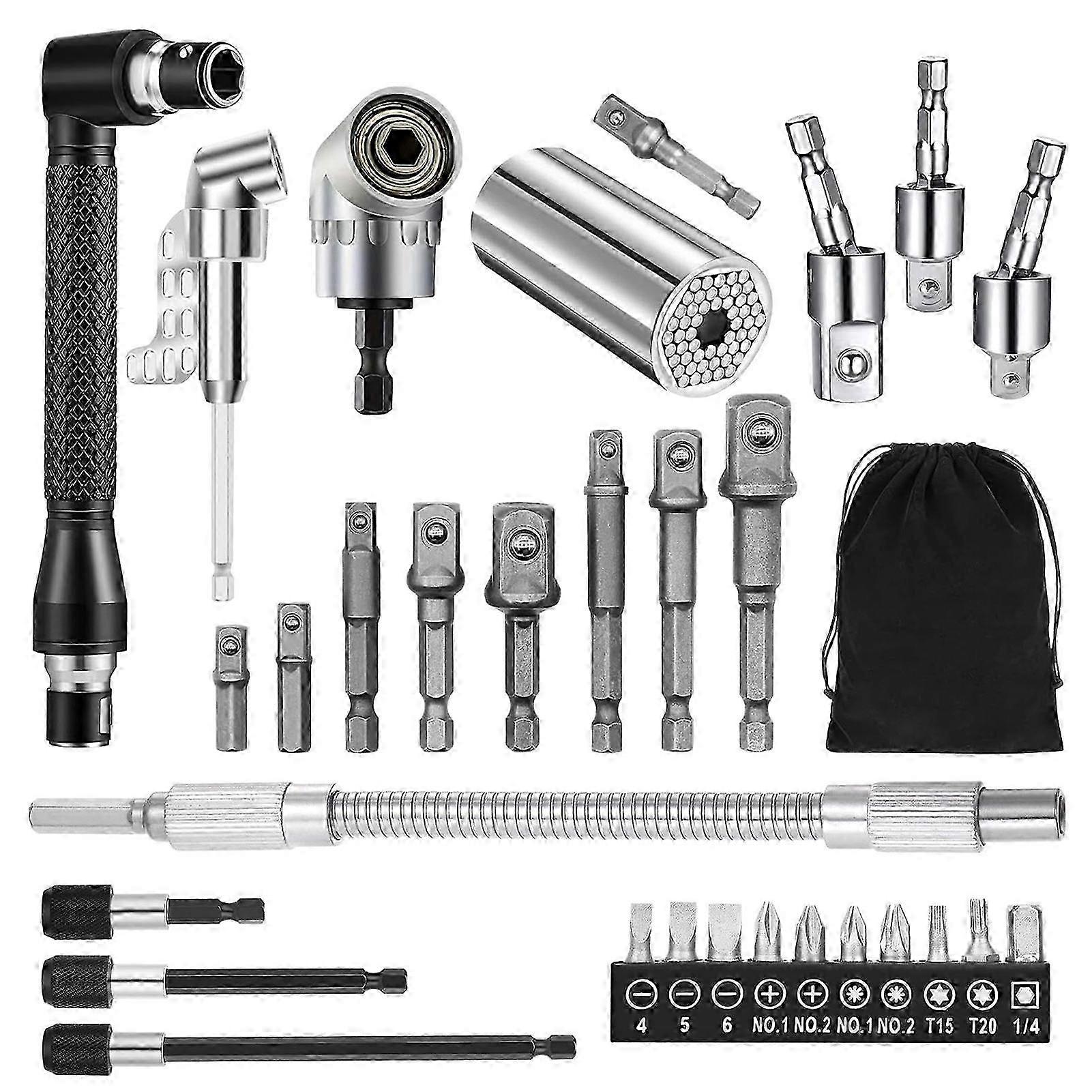 31pcs Flexible Drill Bit Extension Set 105 Degree Right Angle Drill Attachment 1/2 3/8 1/4 inch Universal Hex Socket Adapter Set