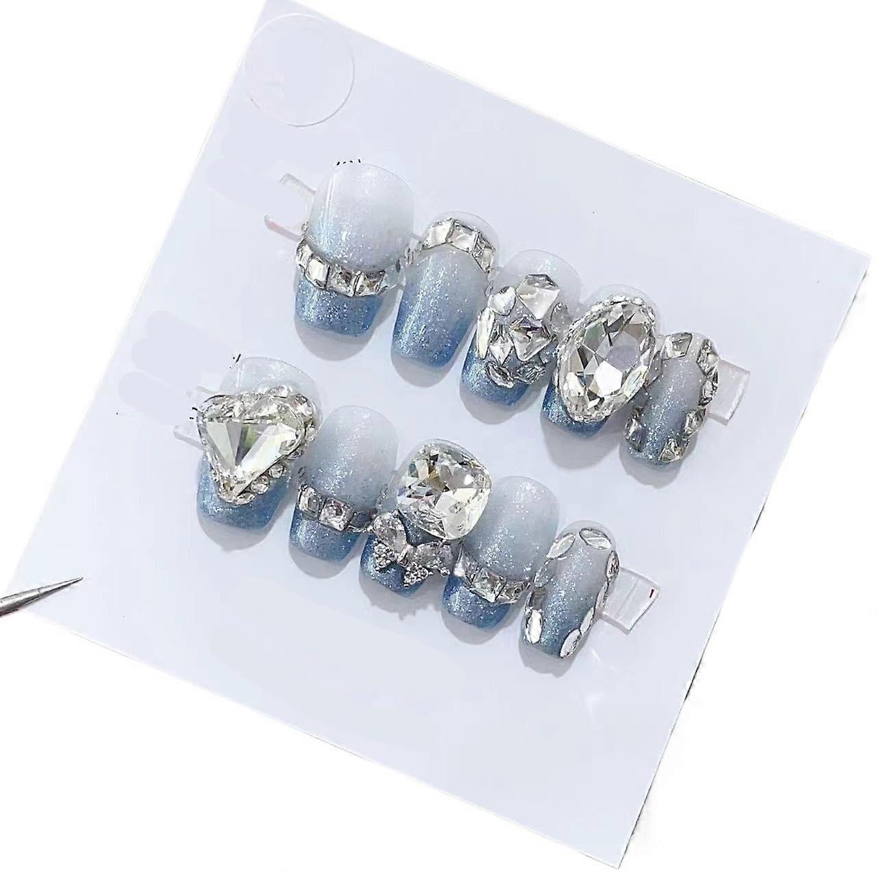 Handmade Short Blue False Nails Medium Size – Detachable Press On for Summer Natural Look