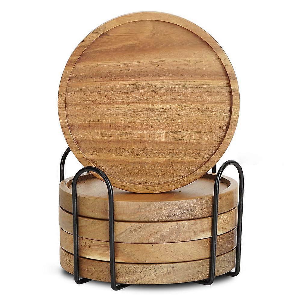 Acacia Wood Coasters Set of 5 with Holder, NonSlip Lip Design for Coffee Table and Home Use