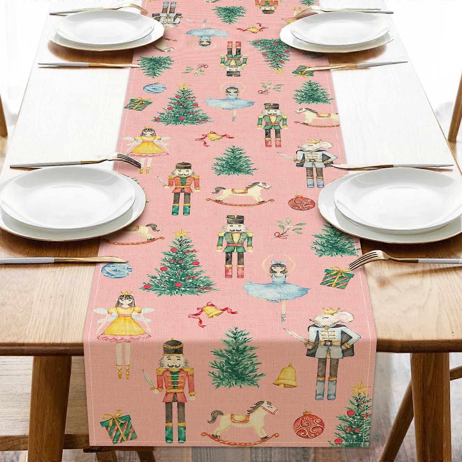 Pink Nutcracker Christmas Table Runner 13x72, Rustic Burlap, Festive Holiday Dining Decor