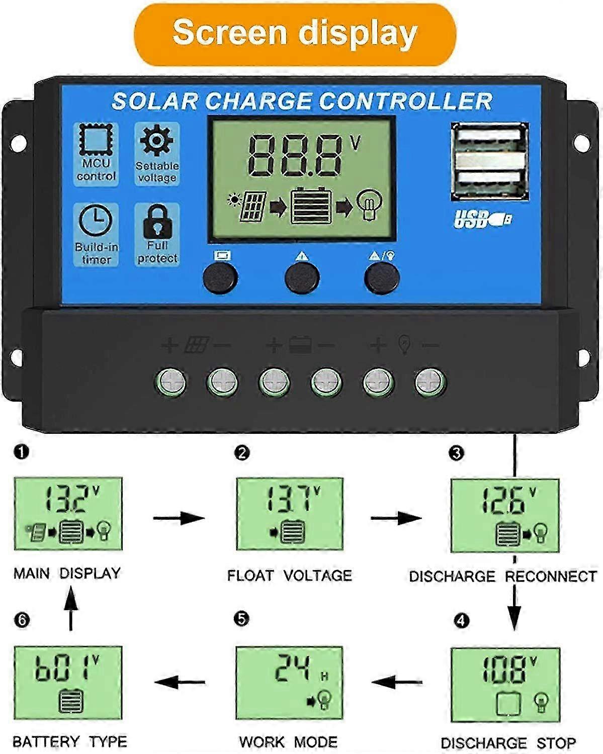 Solar Charge Controller 30A Solar Panel Controller 12V/24V PWM Auto Parameter Adjustable LCD Display Solar Panel 2025