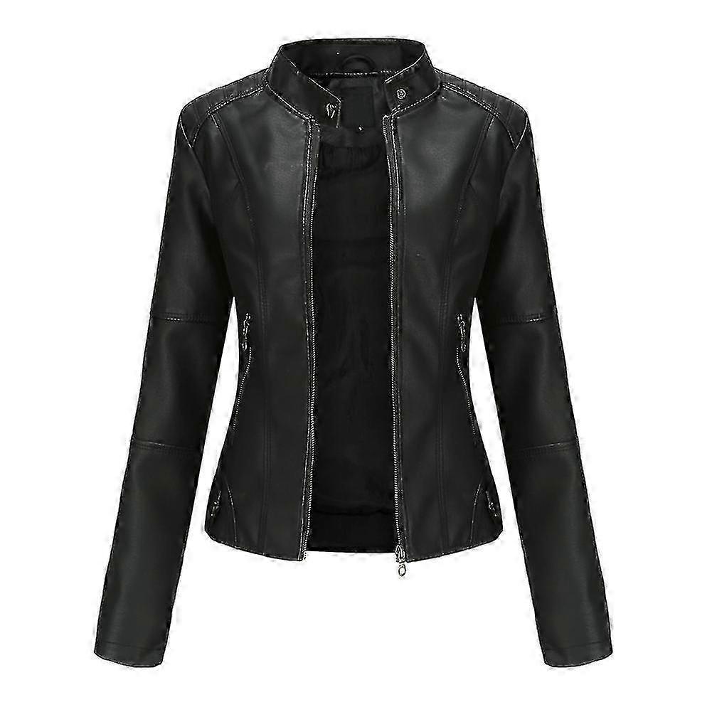 26-27 Womens Casual Zipper Down Stand Collar Leather Jacket