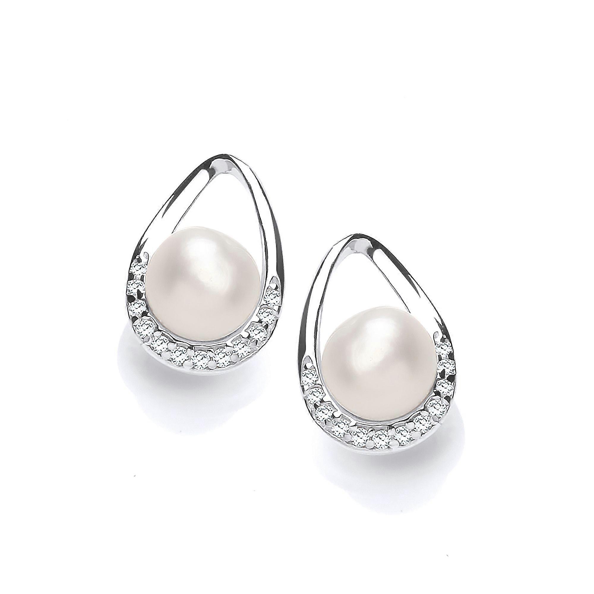 Jewelco London Ladies Sterling Silver Cubic Zirconia & Freshwater Cultured Pearl Full Moon Pear Avocado Drop Earrings 6mm